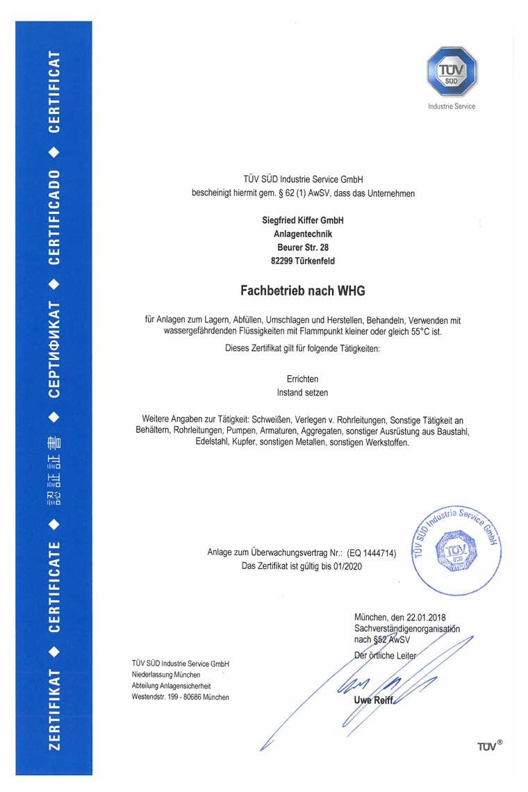 Kiffer-GmbH - WHG Zertifikat bis 2020