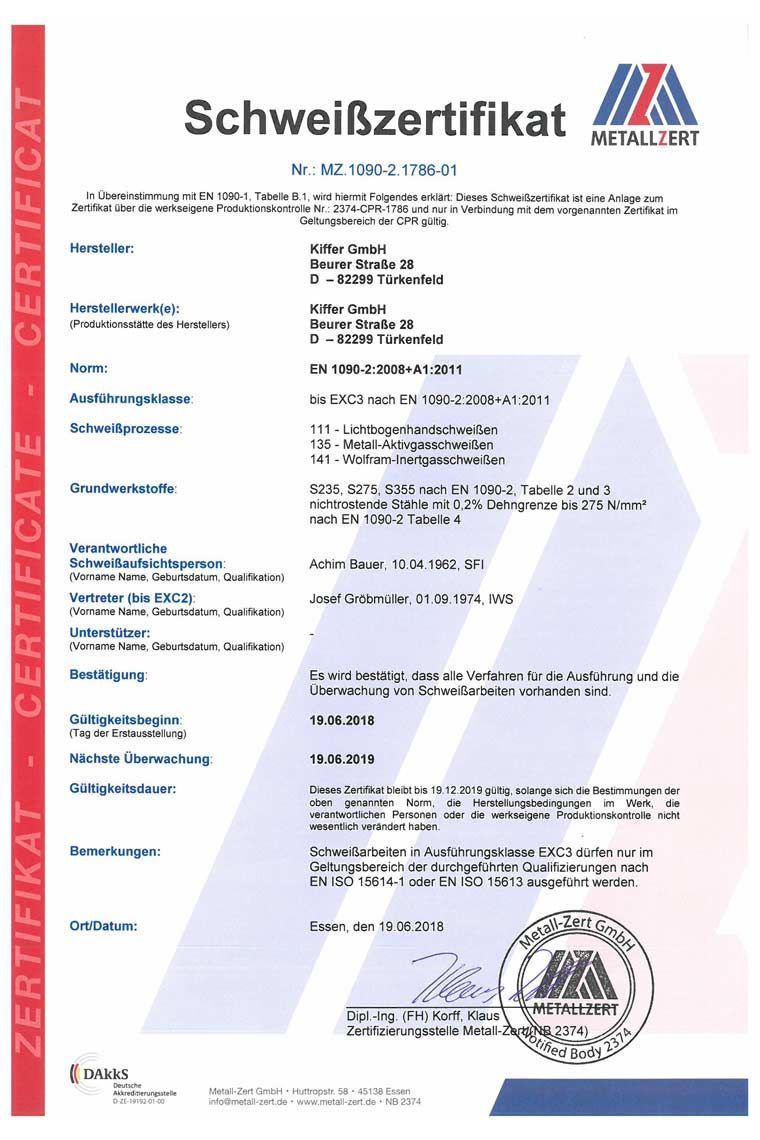 Kiffer-GmbH EN-1090-2 Schweizertifikat bis 2019